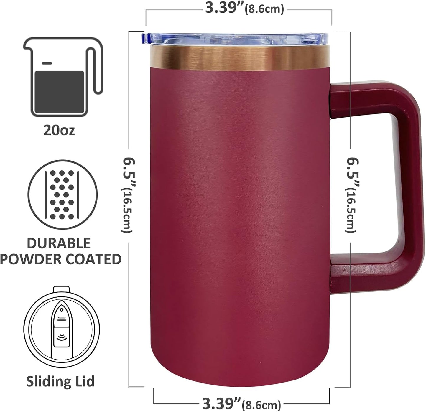 20 oz Insulated Coffee Mug with Lid, Stainless Steel Coffee Tumbler Bulk, Double Wall Vacuum Travel Mug with Handle, Leakproof Powder Coated Coffee Cups for Hot and Cold Drinks (Red,1 pack)