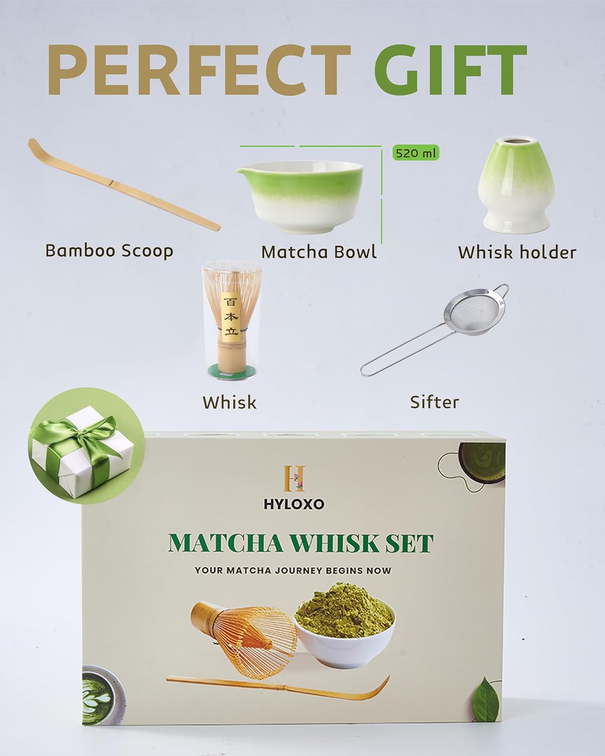 Matcha Whisk Set - 5 Pcs Matcha Kit with Bowl, Japanese Matcha Set, Matcha Bowl with Spout, Matcha Whisk, Chasen Holder, Sifter and Bamboo Scoop, Tea Gift Ceremony Sets for Matcha Lovers