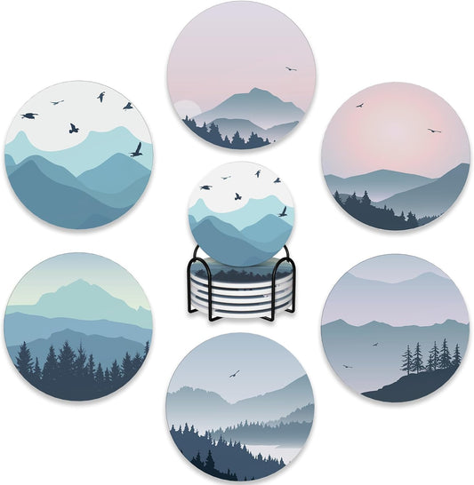 Drink Coasters Set of 6 with Holder,Misty Forest Mountains and Birds Absorbent Ceramic Coasters with Cork Base,Fit All Cups,Tabletop Protection Mat for Mugs and Cups,Office,Kitchen