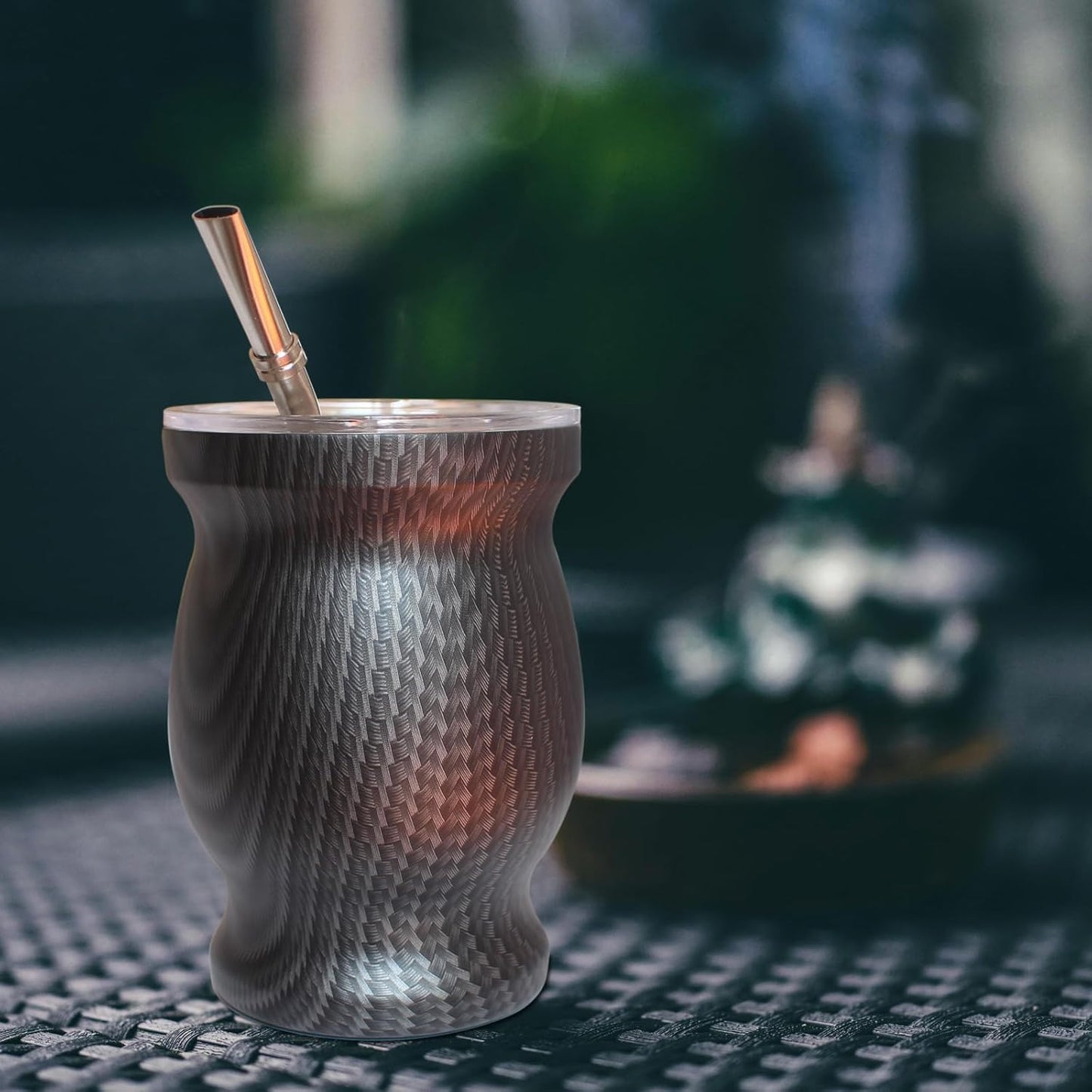 Beruth Bombilla Yerba Mate Gourd, 8oz Stainless Steel Tea Cup Set with a Multifunctional Lid, Two Straws and Cleaning Brushes, Double Walled Coffee Mug Heat Insulation Anti Scalding (Water Ripples)