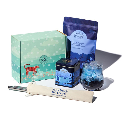 Herbs & Kettles Lavish Blue Tea Boba Kit | Butterfly Pea Flower Tea with Green Tea, Lemongrass, Ginger & Mint + Chewy Tapioca Pearls | DIY Color-Changing Bubble Tea Kit with Reusable Straws |