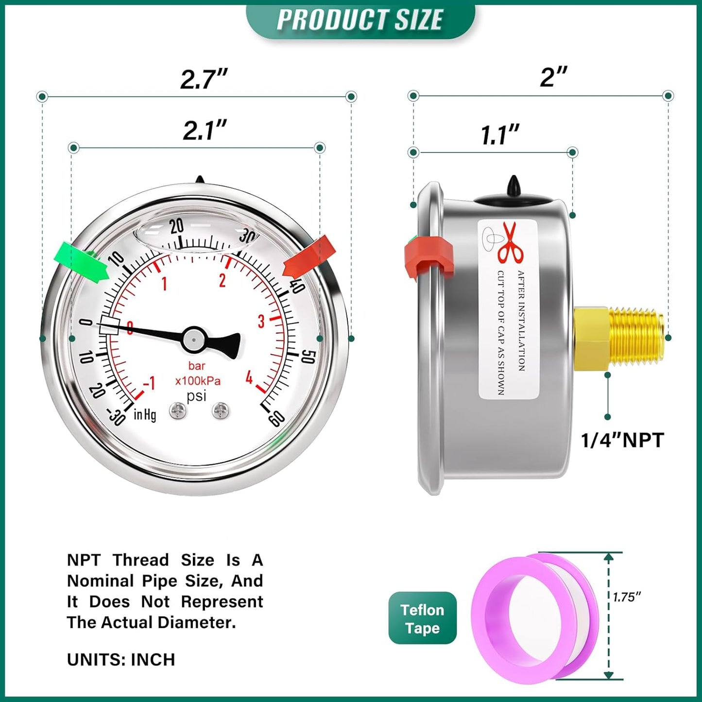 -30inHG-60PSI Stainless Steel Glycerin Liquid Filled Vacuum Pressure Gauge 2.5" Dial Size, 1/4" NPT Back Mount, for Water, Oil and Air Pressure Testing (with Range Mark Pointer)