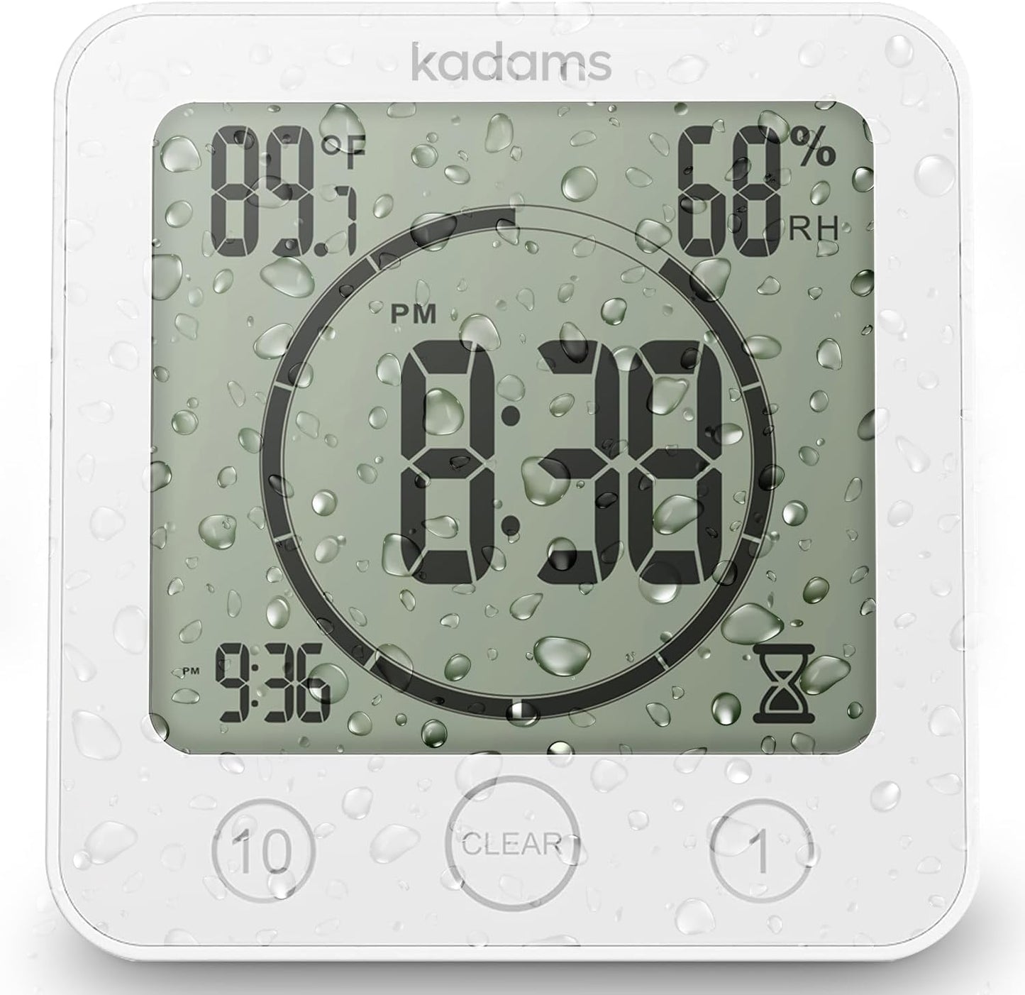 KADAMS Shower Clock Waterproof Bathroom Timer – Digital Wall Clock with Countdown, Magnetic Kitchen Clock with Temperature & Humidity, Suction Cup for Kids Shower Spa Sauna Cook Bath, White