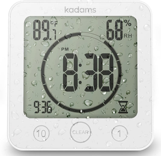 KADAMS Shower Clock Waterproof Bathroom Timer – Digital Wall Clock with Countdown, Magnetic Kitchen Clock with Temperature & Humidity, Suction Cup for Kids Shower Spa Sauna Cook Bath, White