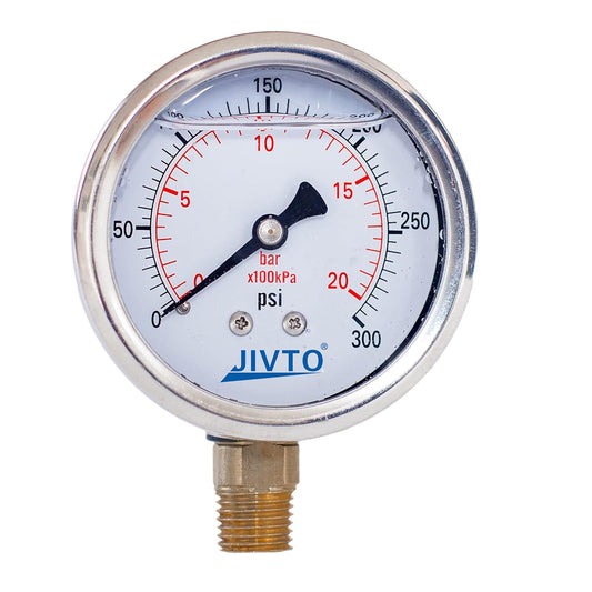 Pressure Gauge,Glycerin Liquid Filled,2-1/2" Dual Scale Dia,0-300 psi/bar/kpa,1/4" NPT Male Brass Connection,Lower Mount, Stainless Steel Case,for Pneumatic,Pump,Hose,Well Tank,Gas Air Water Oil