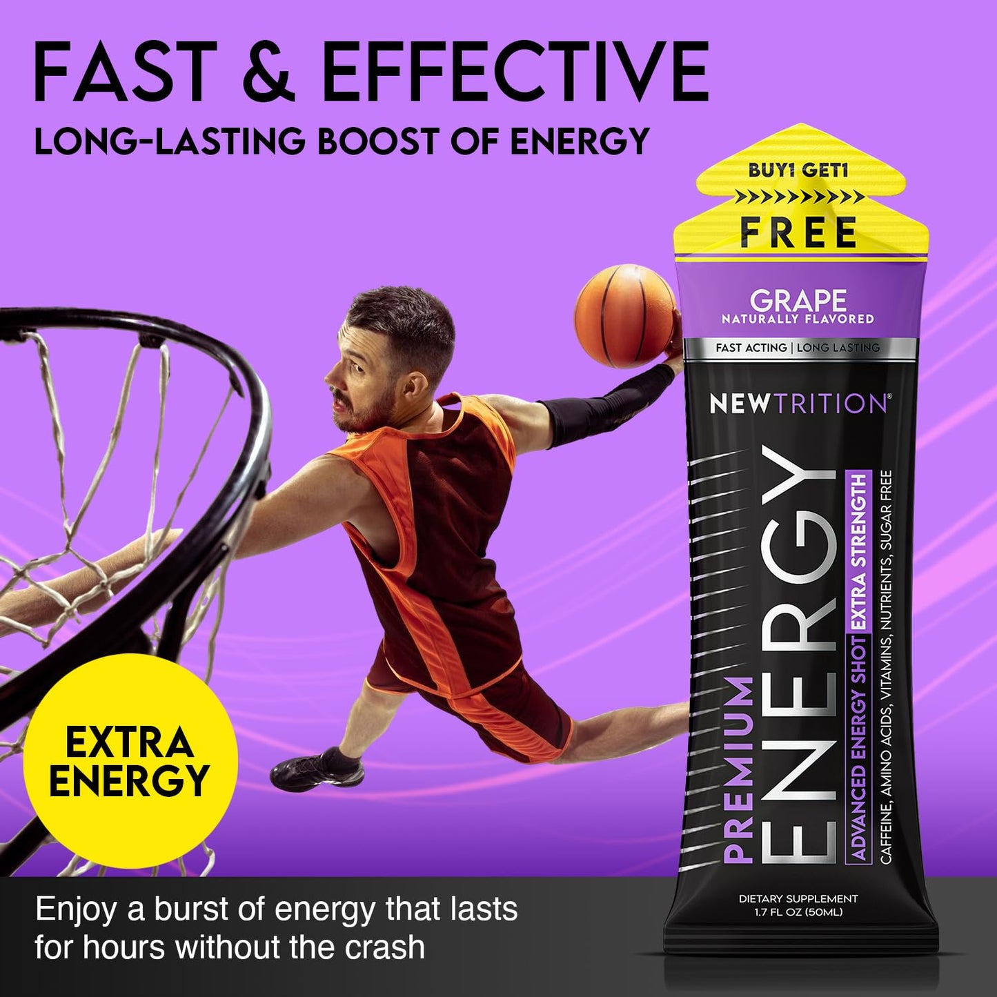 NewTrition® Extra Strength Energy Shots, 250mg Caffeine Energy Shots with Vitamin B & Amino Acids, Sugar-Free Vitamin Energy Shot, 1.7 fl oz (Pack of 24, Grape)
