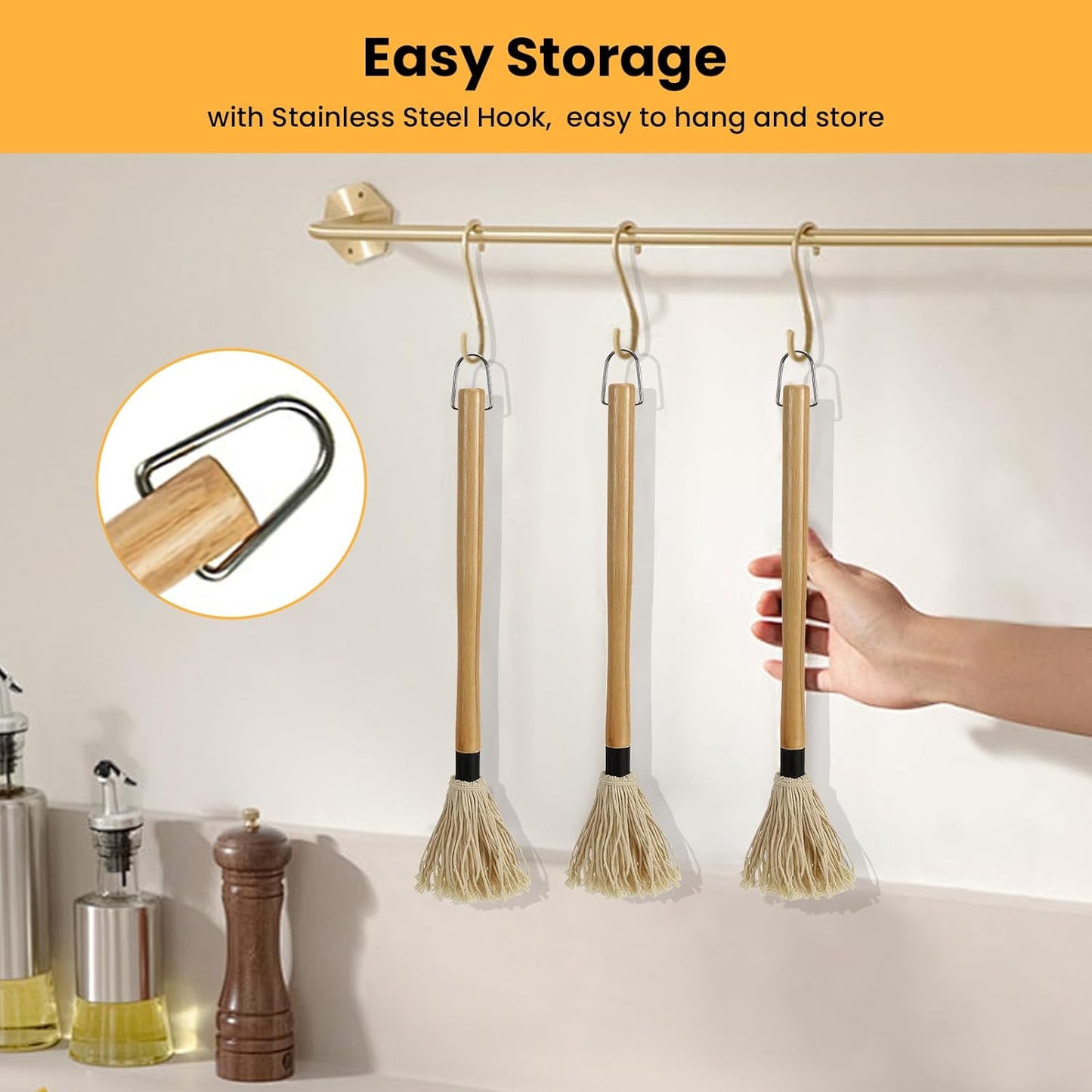 GEEKHOM Grill Basting Mop, Grilling Basting Mops Brushes with Long Wood Handle and Replacement Heads BBQ Sauce Brush for Barbecue Baking Smoking Roasting Steak Cooking, 18+14inch