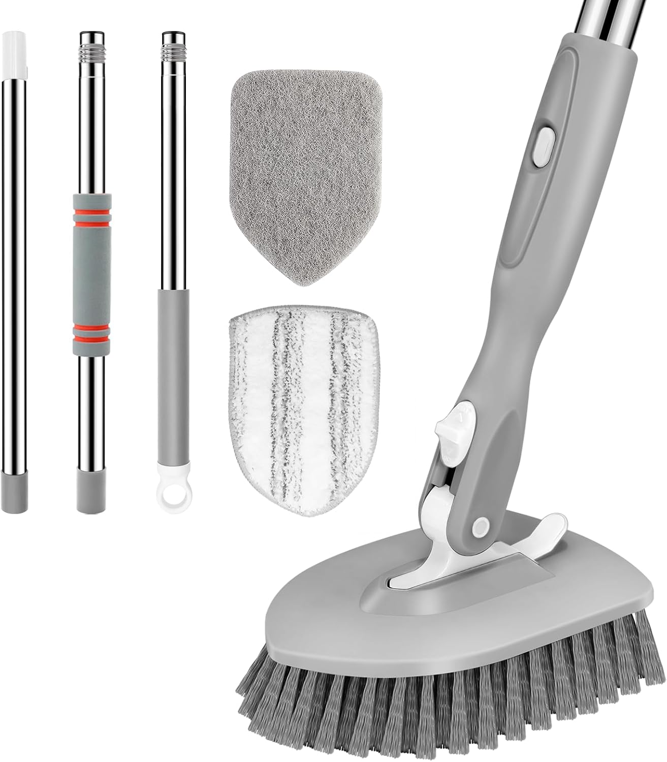 SetSail Floor Scrub Brush, 3-In-1 Tile Tub Floor Scrubber with 52-inch Adjustable Long Handle Shower Cleaner Brush and 3 Detachable Replacement Brush Heads for Cleaning Bathroom Kitchen Tub Tile, Grey