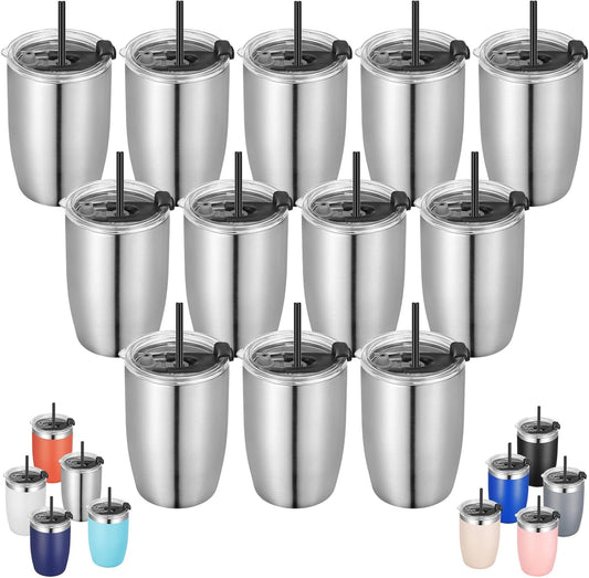 VEGOND Stainless Steel 12 oz Tumblers bulk Vacuum Insulated Double Wall Travel Tumbler with Lid and Straw Reusable Tumbler,Stainless 12 pack