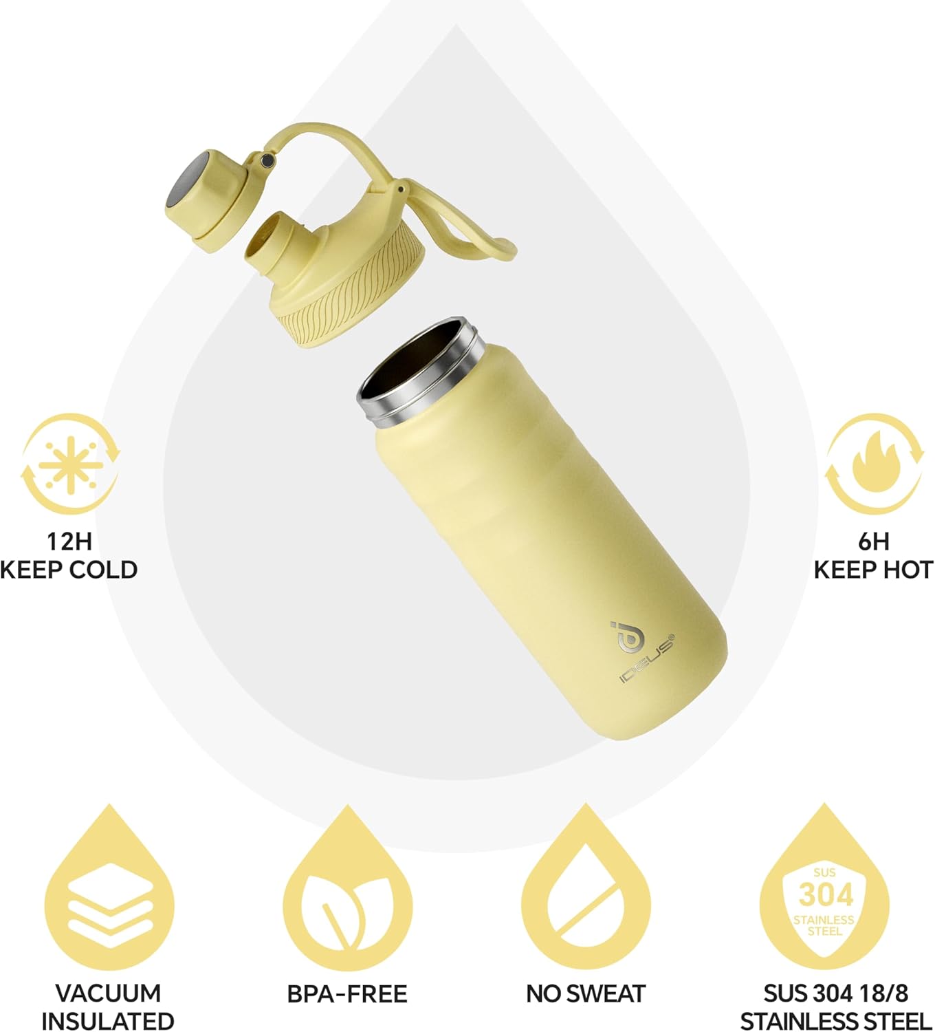 IDEUS Insulated Stainless Steel Water Bottle with 2 Leak-Proof Lids, Thermal Water Flask for Hiking Biking, 18oz, Light Yellow