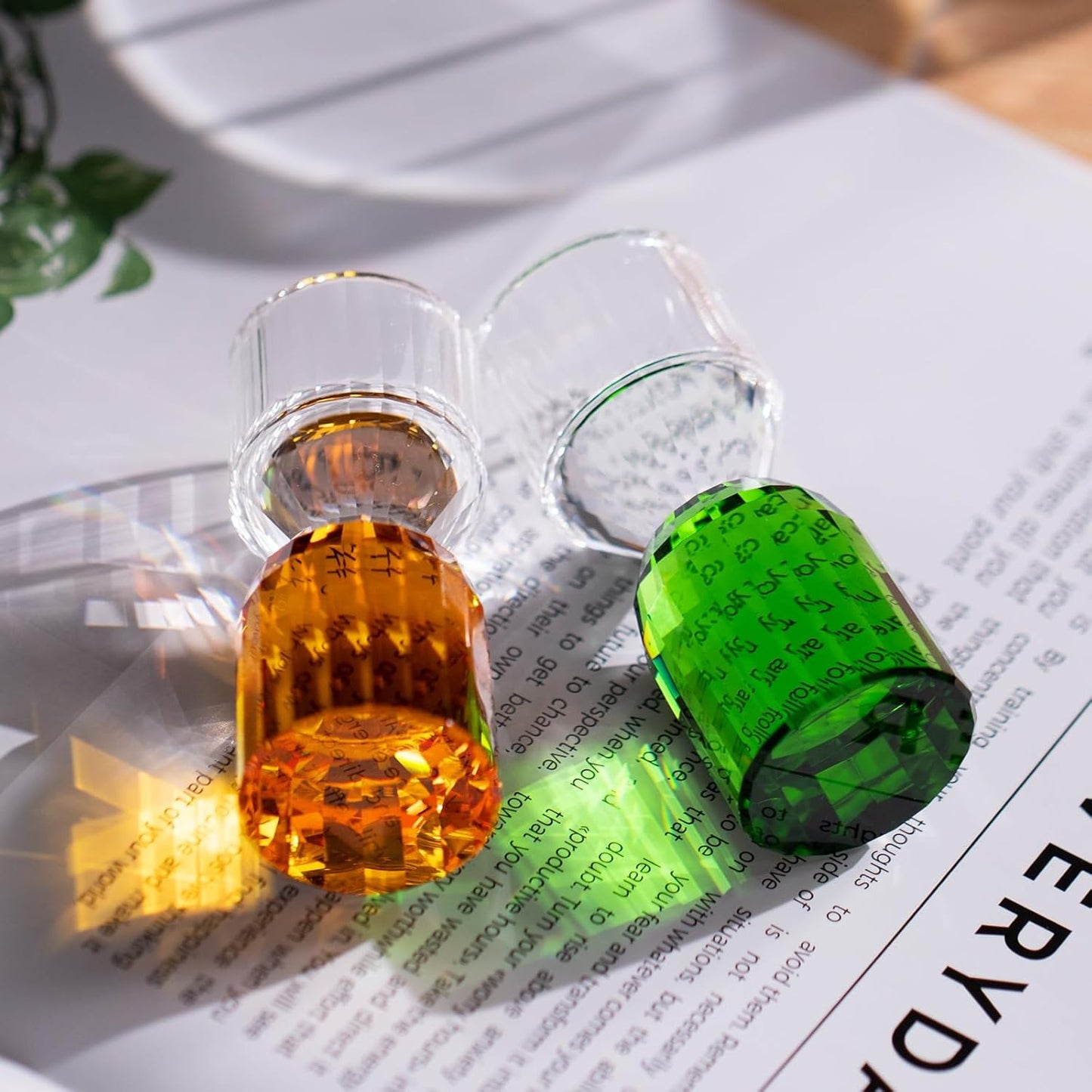 KAMMAK Crystal Shot Glasses Set of 2, Stemless Handcrafted Shot Glasses, 0.4 oz Engagement Gifts for Couples, Women, Men, Hand Blown, White with Colored