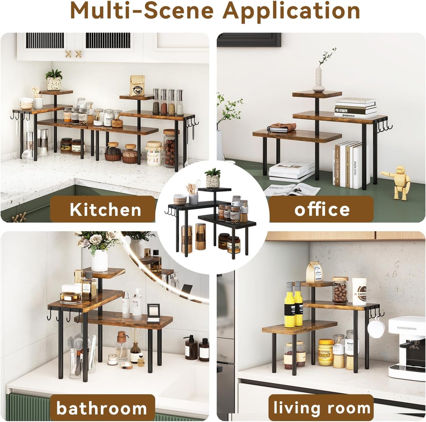IBUYKE Countertop Organizer,3-Tier Spice Racks,Kitchen Counter Corner Shelf,4 Side Hooks,Adjustable Countertop Shelf for Kitchen, Bathroom, Coffee Bar, Cabinet, Desk,Rustic Brown,TLJ023H