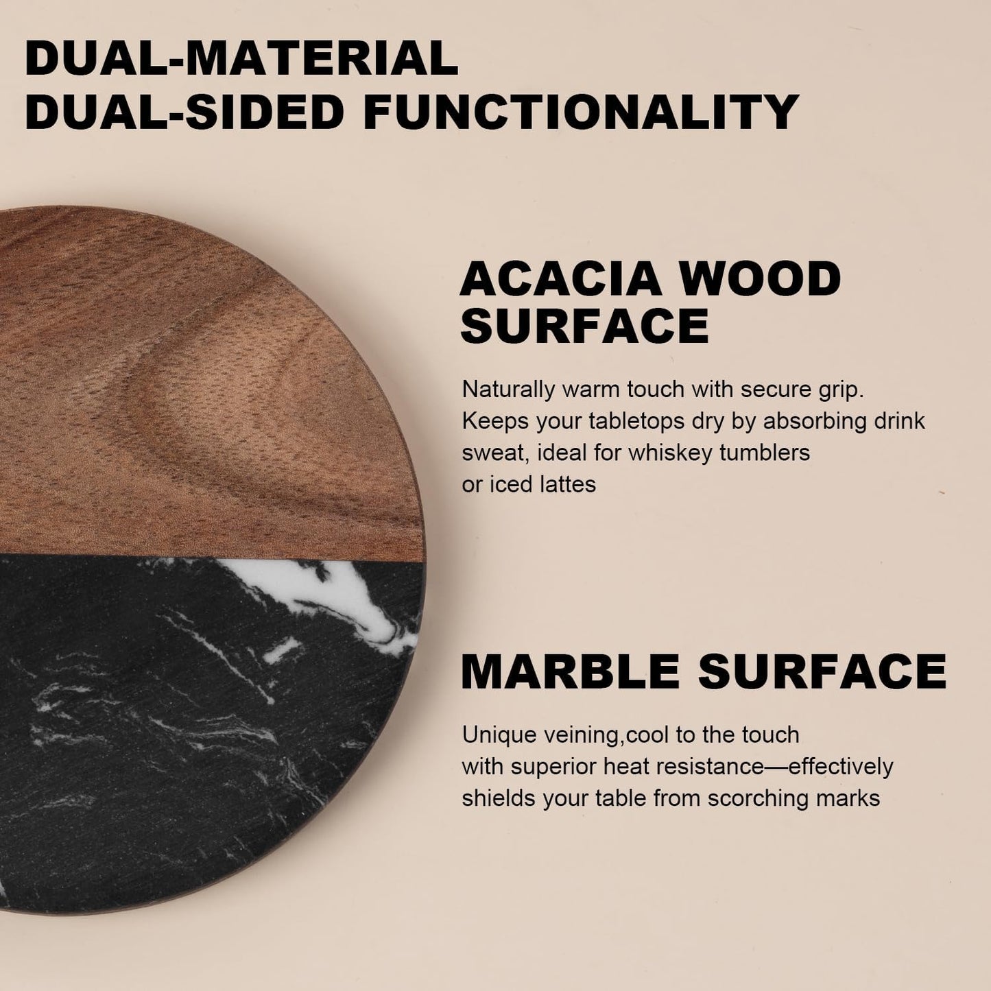 Marble Coasters: 4-Piece Set of Acacia Wood Marble Coasters, Suitable for Kitchens, Offices, and can be Used as Gifts (Black Round)