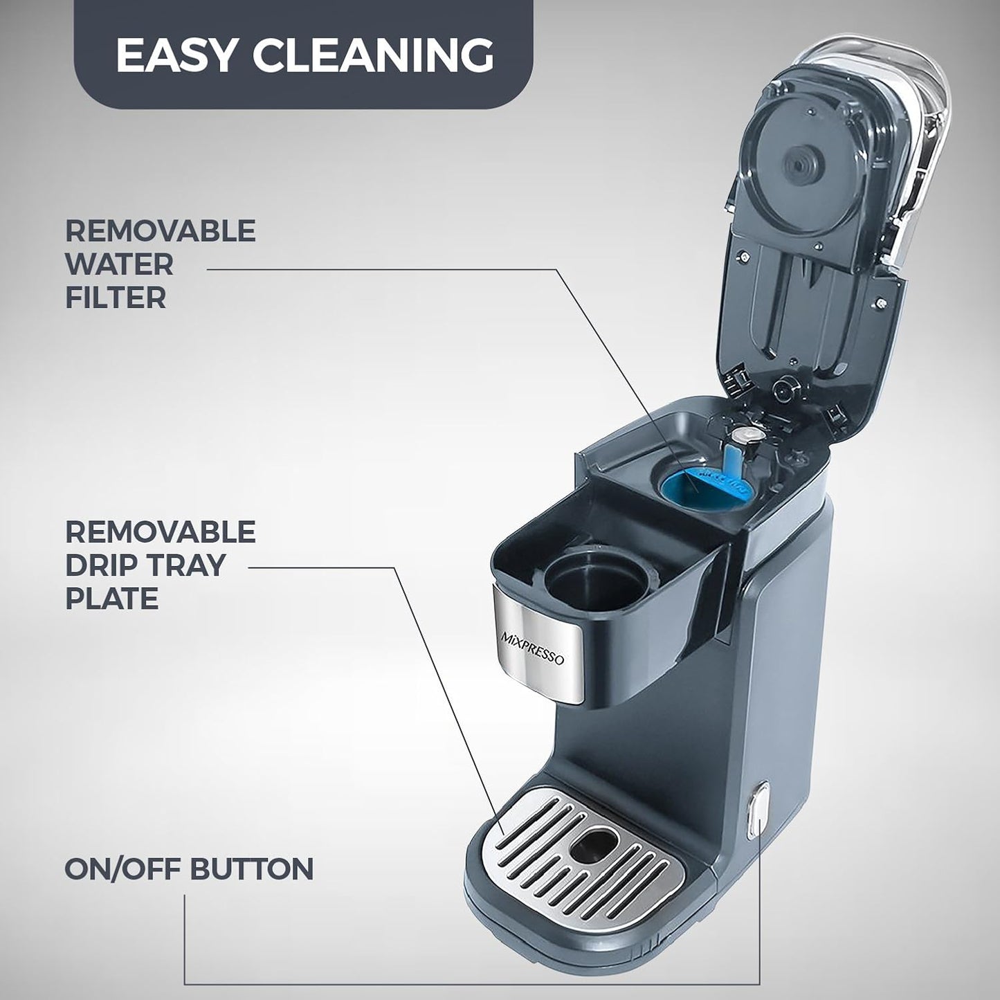 Mixpresso Single Cup Coffee Brewer - Quick Brew, One Touch Function, 12oz One Cup Grey Coffee Maker