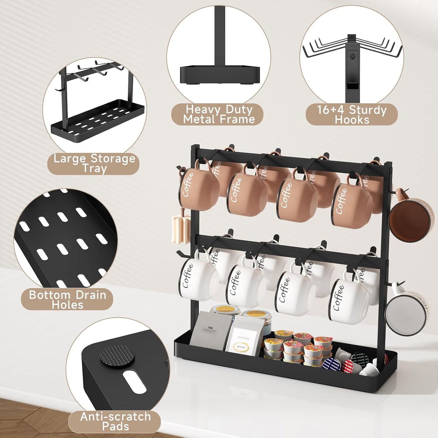 Coffee Mug Holder for Countertop 20 Hooks Mug Tree Rack 2 Tier Counter Cups Mugs Display Stand with Heavy Duty Metal Storage Base for K Cup Kitchen Tea Coffee Bar