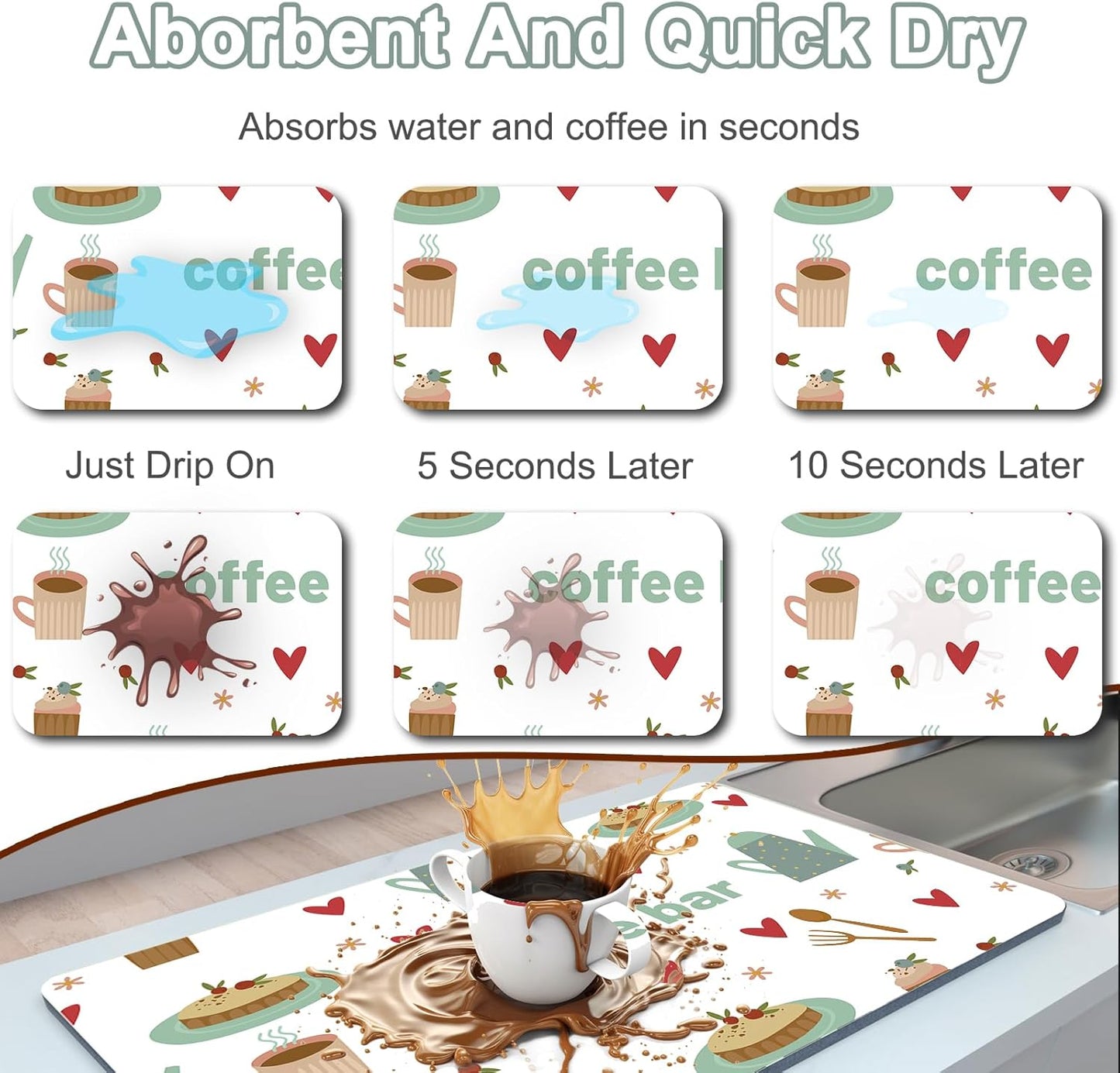 Dish Drying Mat 16" X 24", Super Absorbent & Cuttable Coffee Mats for Countertop, Kitchen Counter Mat Fits Under Coffee Maker or Machine, Hide Stain Drying Pad for Dish Drying Rack, Coffee and Sweets