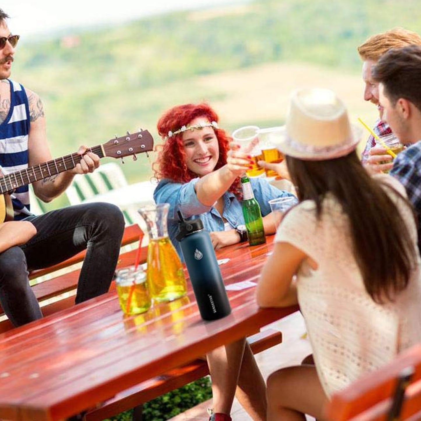 SENDESTAR Water Bottle 32oz Double Wall Vacuum Insulated Leak Proof Stainless Steel Sports Water Bottle—Wide Mouth with New Flex Straw Lid & Spout Lid (Deep Blue&Black)