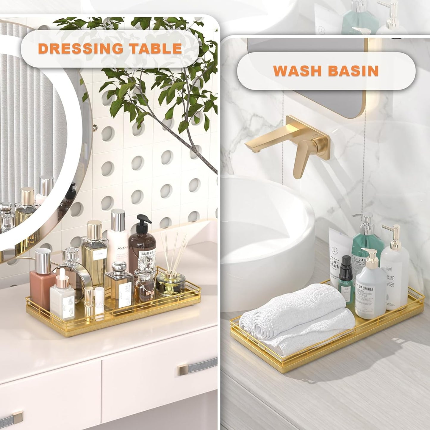 Oak Bathroom Toilet Tank Tray, 13" Wood Toilet Paper Storage Basket Back of Toilet Basket Organizer, Vanity Tray for Perfume Makeup Candle Kitchen Counter Coffee Table Decor, Gold