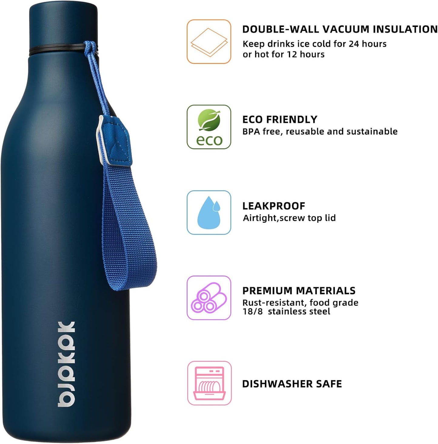 BJPKPK Insulated Water Bottles, 25 oz Stainless Steel Metal Water Bottle with Strap, BPA Free Leak Proof Thermos, Mugs, Flasks, Reusable Water Bottle for Sports & Travel, Navy Blue