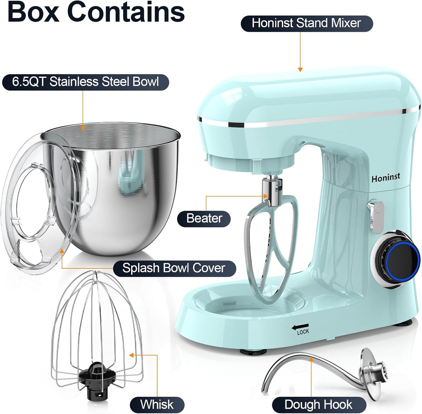 Stand Mixer, 6.5QT 10-Speed Tilt-Head Electric Stand Mixer, 3-In-1 Kitchen Mixer with Bowl, Dough Hook, Whisk and Beater, Food Mixer for Baking, Cake and Most Home Cooks, Blue