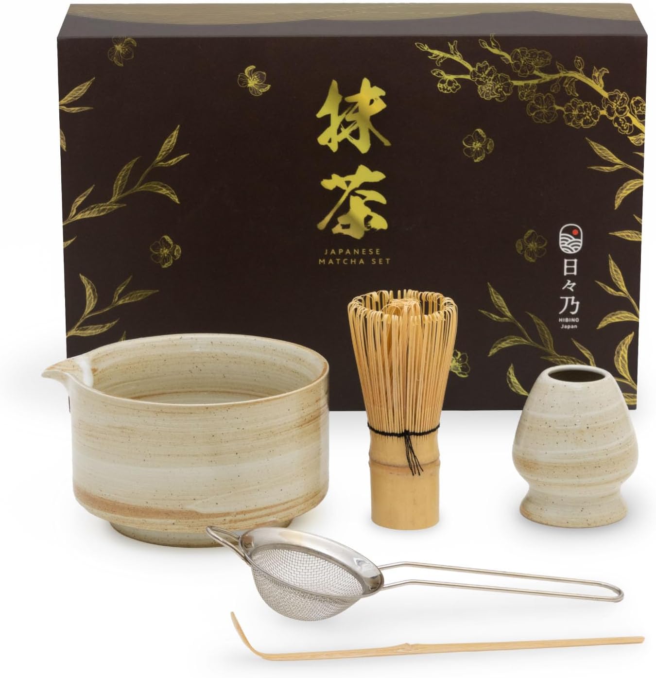 Japanese Matcha Set | Matcha Bowl with Spout | Whisk & Holder | Bamboo Scoop & Stainless Sifter | 5-Piece Traditional Matcha Kit | Designed in Japan |「Rustic Beige」