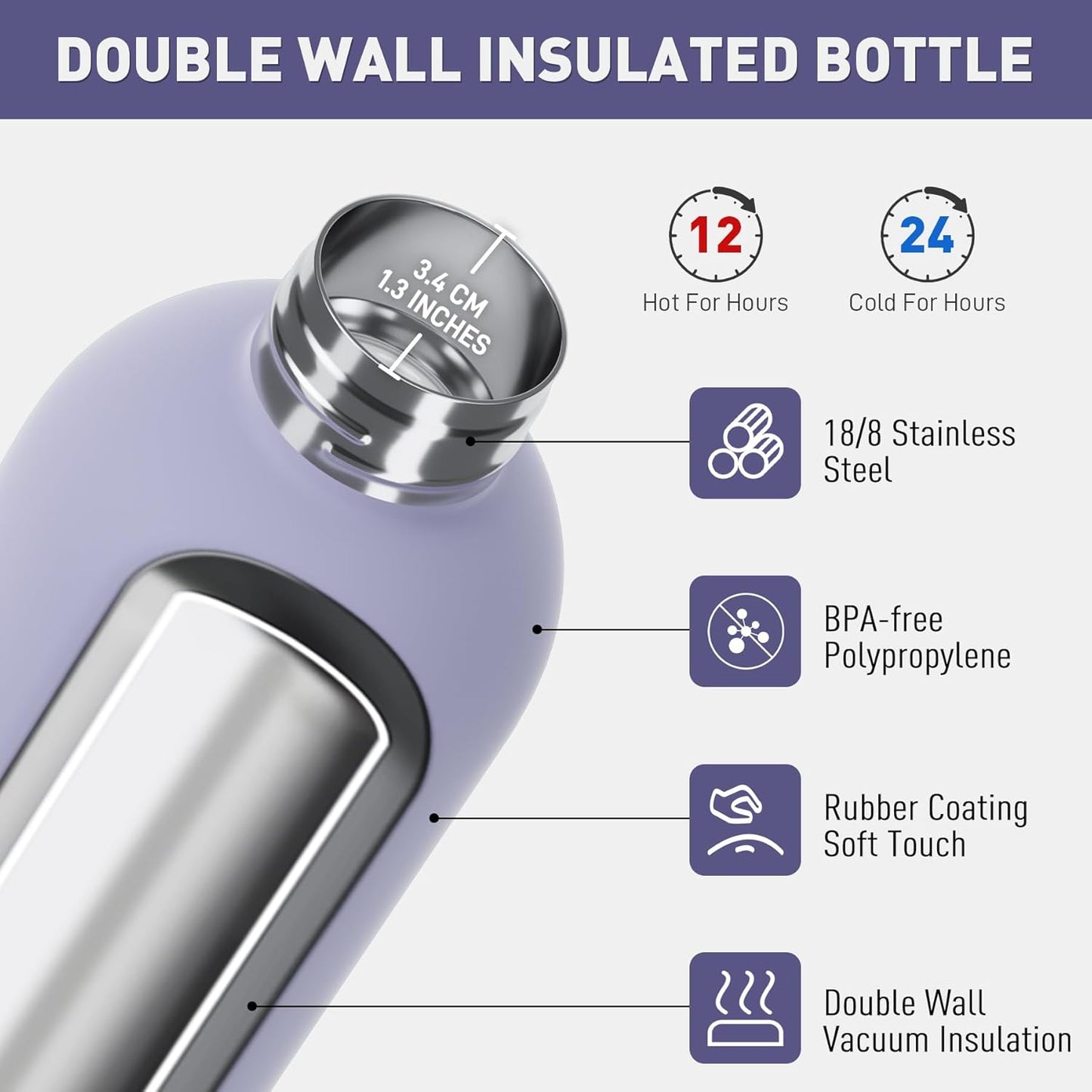Small Water Bottle 12oz with Clip, Double Wall Stainless Steel Vacuum Small Insulated Water Bottle Keeps Drinks Cold 24 Hrs/Hot 12 Hrs for Kids Handbag School BPA Free (Purple)