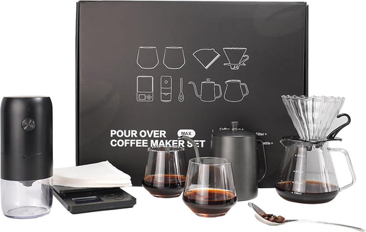 SuperCook Coffee Pour Over Kit Hand Drip with Kettle, Electric Grinder, Camping Travel Coffee Kit Ideal for Anniversary Birthday Gift
