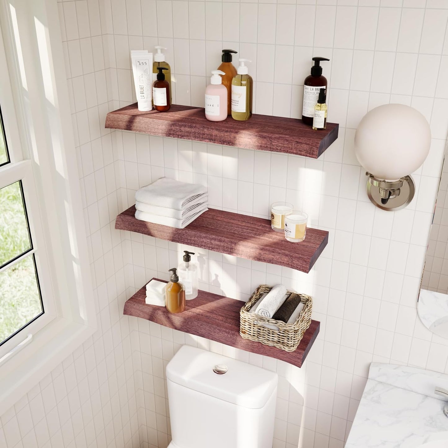 24" Acacia Live Edge Floating Shelves Set of 2 - Wall Mounted Wooden Shelf for Stylish Home Décor - Cherry Color 24x7.5x1.5 Inches