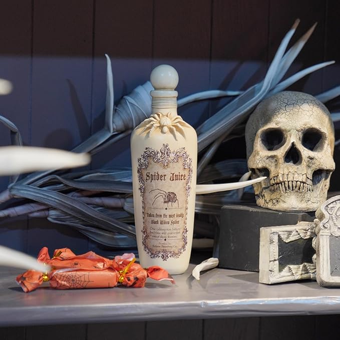 Braxio Witch Potion Bottles for Halloween Décor - White Spider Resin Magic Potion Bottles with Black Web Design, White Spider Decoration, for Shelf Table Party(3x3x10 Inches)