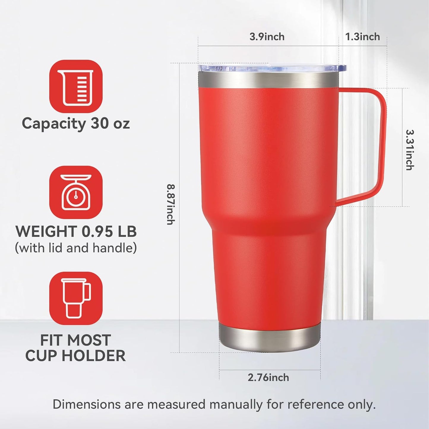 30 oz Tumbler with Handle and Lid, Stainless Steel Tumblers Bulk Double Wall Vacuum Insulated Travel Mug Leak Proof Cup Keep Drinks Cold and Hot Red, 4 Pack