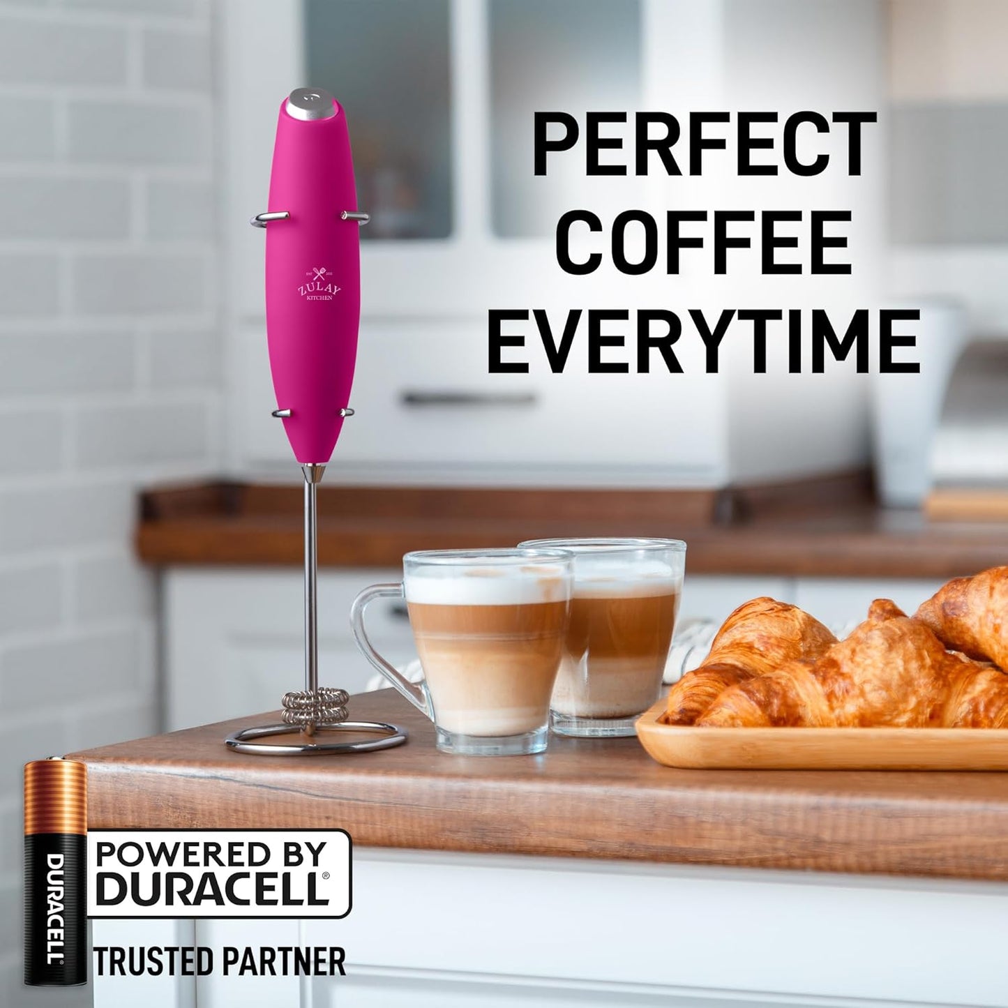 Zulay Kitchen Whisk Milk Frother with 4 Duracell Batteries - Powerful Handheld Foam Maker for Coffee, Lattes, Matcha, Hot Chocolate & Cappuccinos - Whip Creamy Froth in Seconds