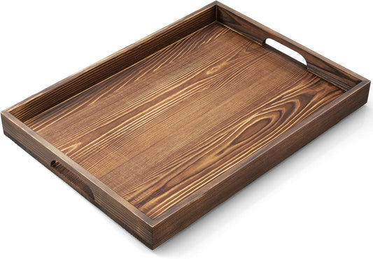 17 Inch Burnt Wood Serving Tray with Handles, Large Wooden Tray for Ottoman, Breakfast in Bed, Coffee Table, Dinner, Rectangular Tray for Living Room Bedroom Entryway and Kitchen
