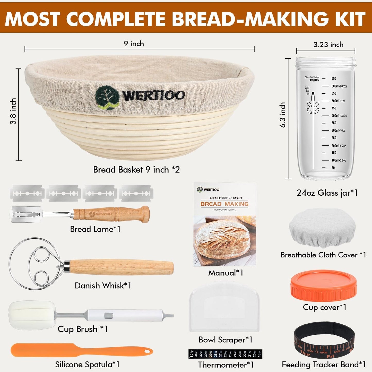 Sourdough Bread Baking Supplies, Sourdough Starter Kit, 2 9 Inch Round Banneton Bread Proofing Basket with 24 Oz Glass Jar, Sour Dough Tools with Danish Dough Whisk & Scraper