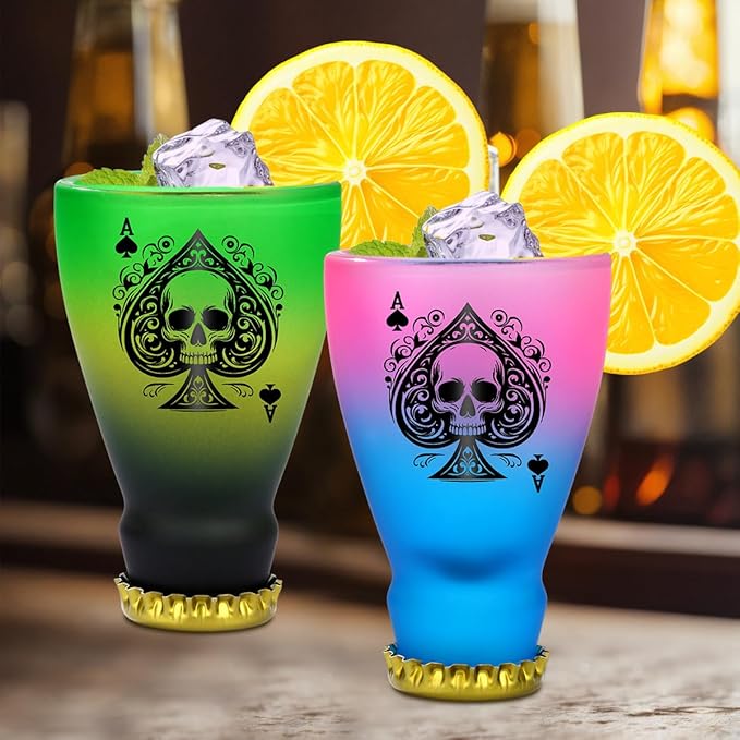 Spades Skull Pattern Glass Shot Glasses, Unique Wine Bottle Shot Glass, 43ml Shot Cups Set of 2 with Gift Box for Alcohol Shots, Vodka, Expresso, Tequila & Dessertsor, Gothic Christmas Gift
