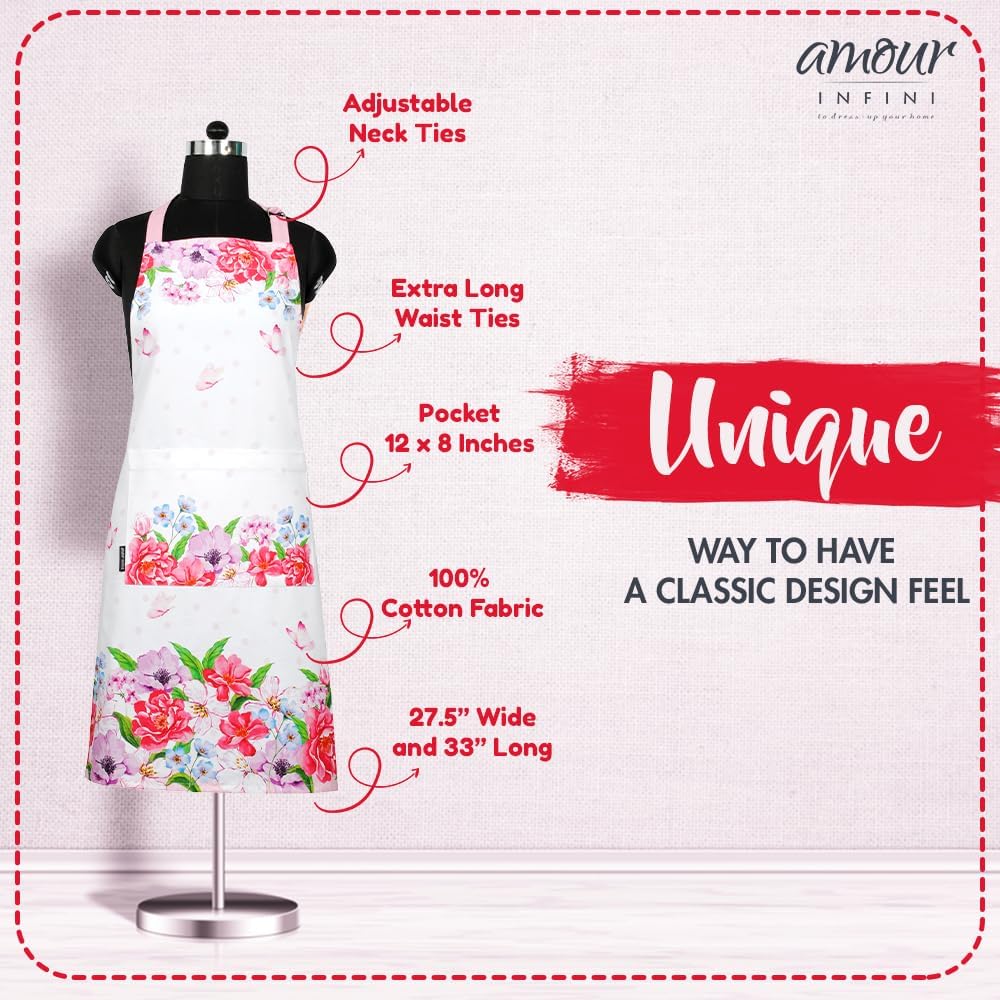 AMOUR INFINI Cotton Aprons for Women with Pocket, Adjustable Strap & Waist Ties - Washable Aprons for Baking, Cooking, Gardening (27.5 x 33 Inches - Spring Floral)