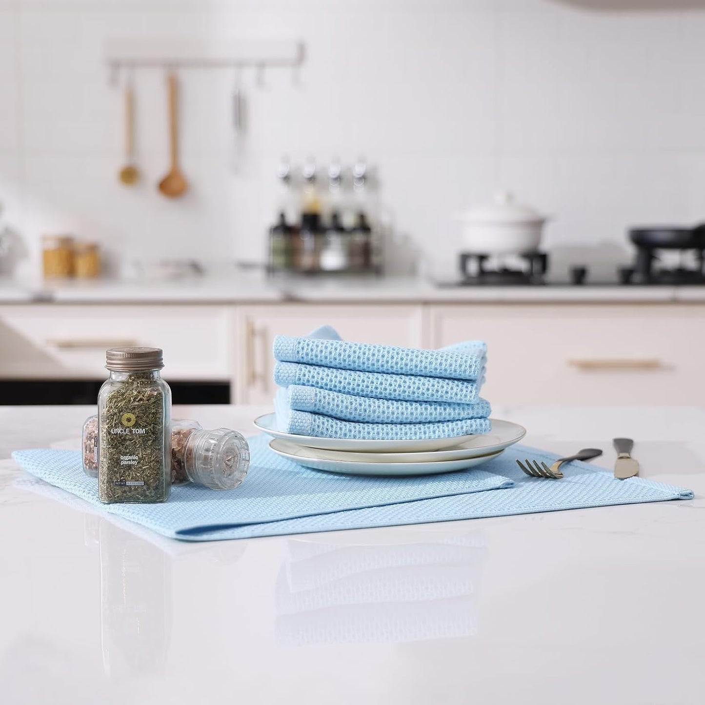 Kitinjoy 100% Cotton Waffle Weave Kitchen Towels (13 X 28 Inches, Sky Blue), 4-Pack Super Soft and Absorbent Dish Towels for Drying Dishes, Kitchen Hand Towels