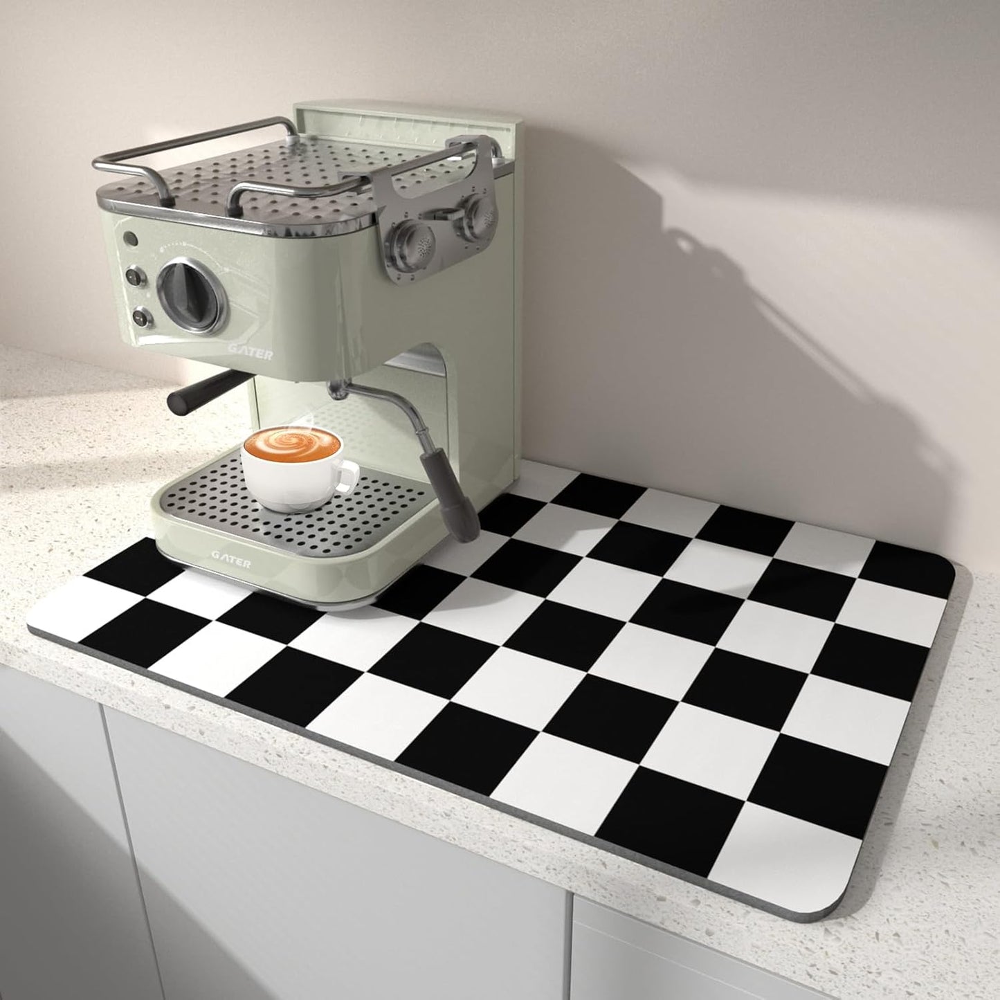 BLESWIN Dish Drying Mat for Kitchen, 15.7’’ X 17.7’’ Coffee Bar Mats for Countertop Fit Under Coffee Maker, Hide Stain Rubber Backed Espresso Machine Absorbent Drying Pad, Black & White