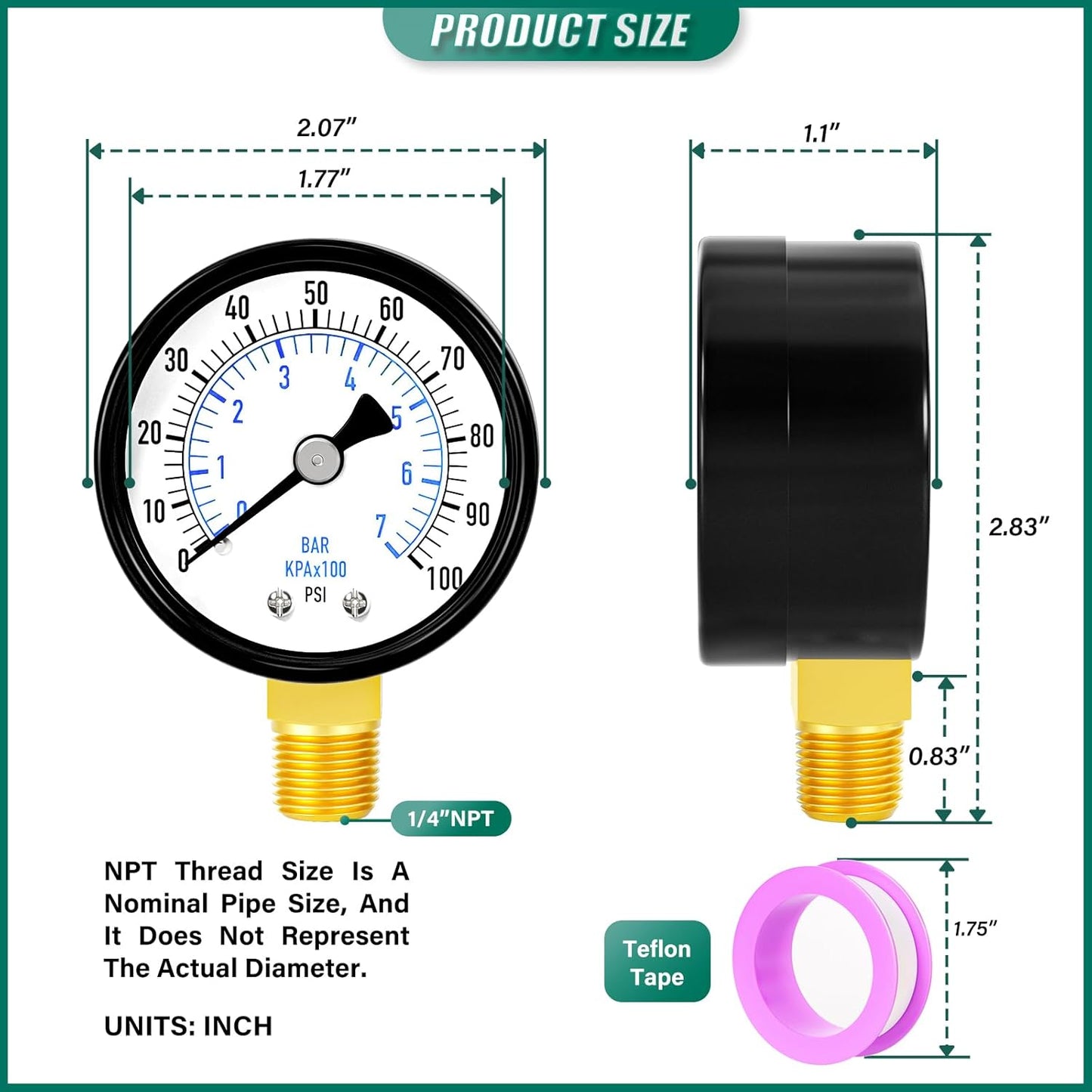 0-100psi Well Pump Pressure Gauge 1/4" NPT 2" Face Dial Size Lower Mount, Multifunctional Practical Dry Pressure Gauge, for Water, Oil and Air Compressor