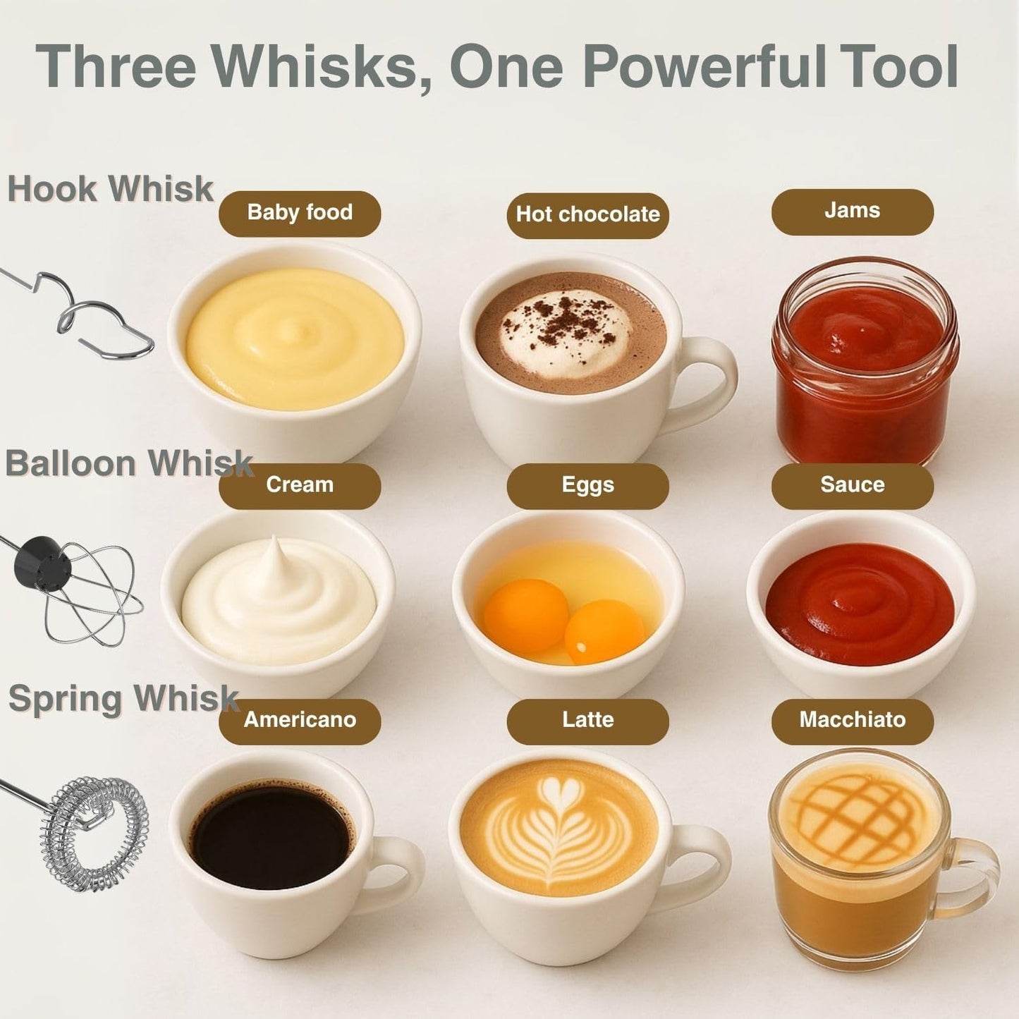 Rechargeable Milk Frother Handheld 3 Speed Coffee Foamer [3 Whisk] Electric Drink Mixer for Latte, Cappuccino, Coffee, Eggs, Hot Chocolate, White