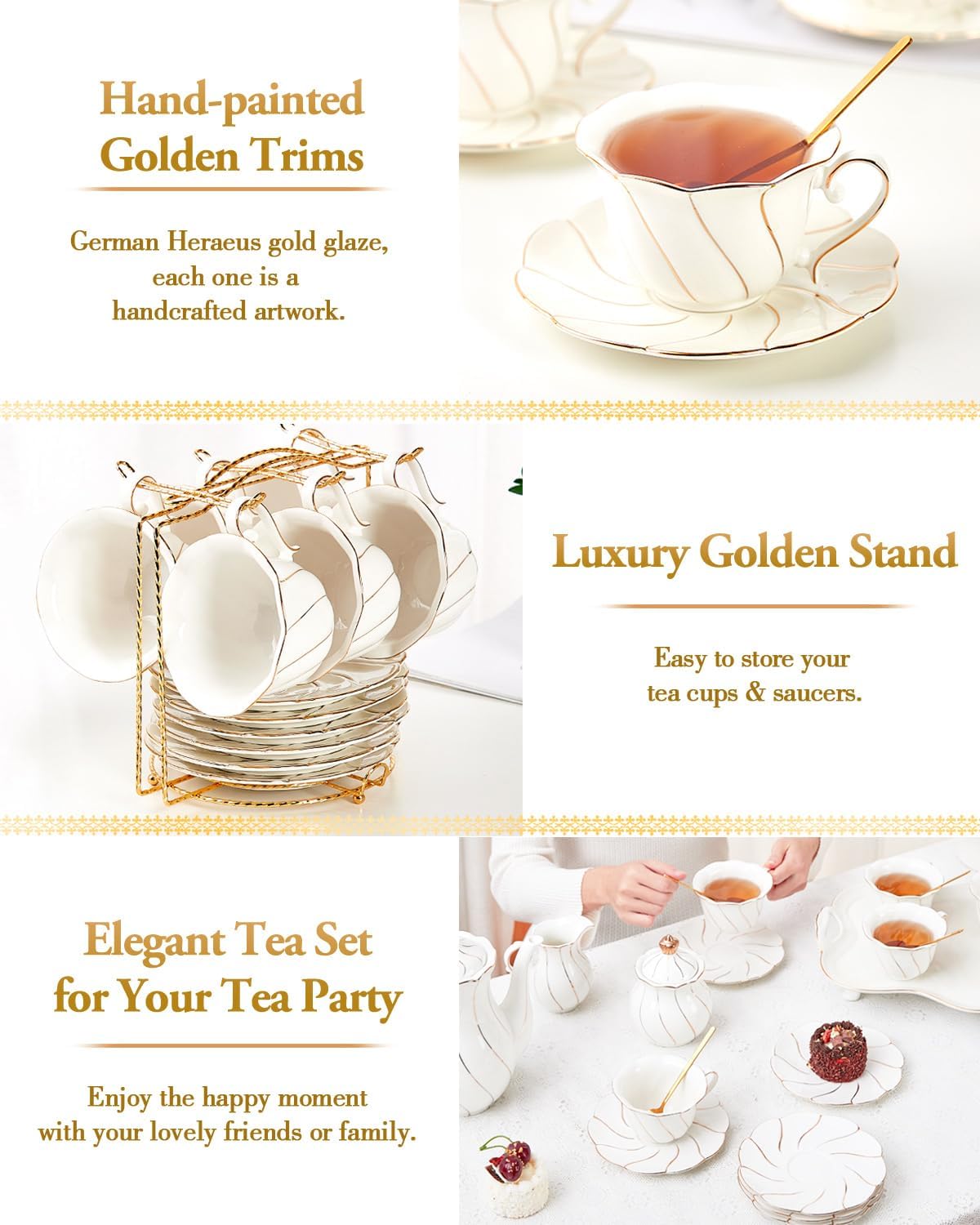 DUJUST 22 pcs White Porcelain Tea Set for 6, Luxury British Style Tea/Coffee Cup Set with Golden Trim, Beautiful Tea Set for Women, Tea Party Set, Gift Package (With a Stand)