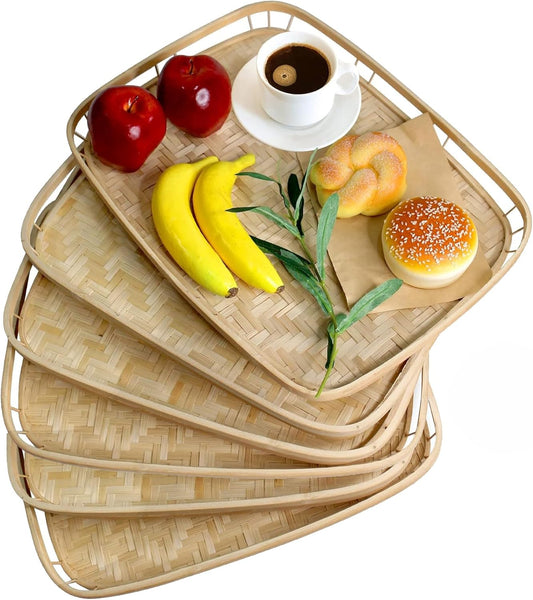 PEMAR Set of 6 Bamboo Wicker Serving Trays for Foods and Drinks, Rectangular Lap Trays for Breakfast. Decorative Bamboo Wood Basket Platters for Coffee Table, Picnic, Bed Eating