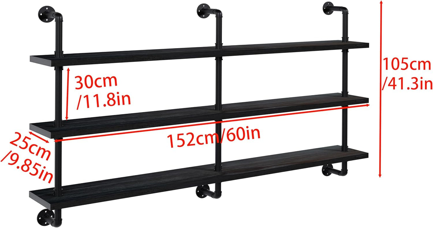 Industrial Pipe Shelving Rustic Black Pipe Wall Shelves Industrial Shelves with Wood Planks Floating Shelves 60 Inch Farmhouse Bathroom,Kitchen Shelving Wall Mounted