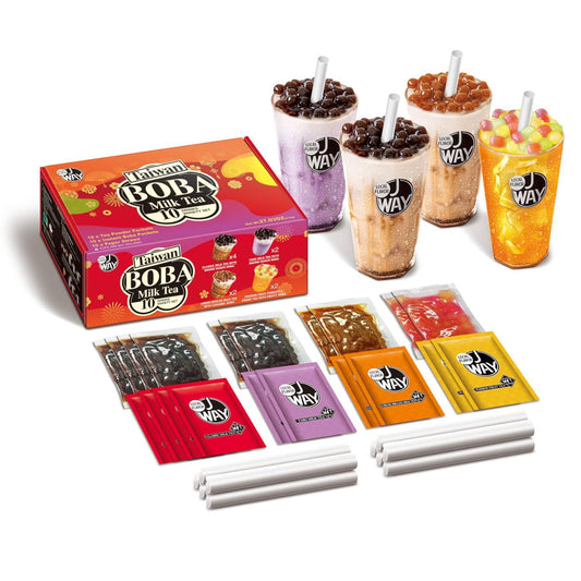 J WAY Instant Boba Bubble Pearl Variety Milk Tea Fruity Tea Kit with Authentic Brown Sugar Caramel Fruity Tapioca Boba, Ready in Under One Minute, Paper Straws Included - Gift Box - 10 Servings
