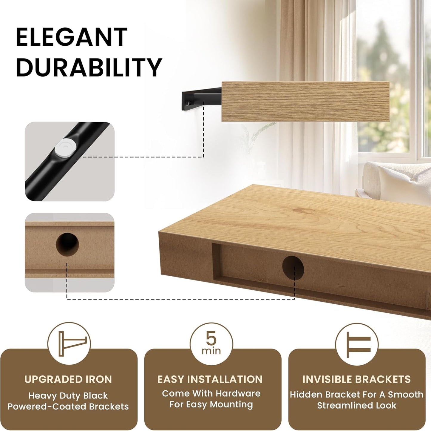 Square Floating Shelves for Wall, 12" W x 12" D x 1.2" H, Small Wooden Wall Mounted Display Shelves with Invisible Brackets for Living Room, Bedroom, Bathroom, Kitchen Decor, Set of 3, Oak