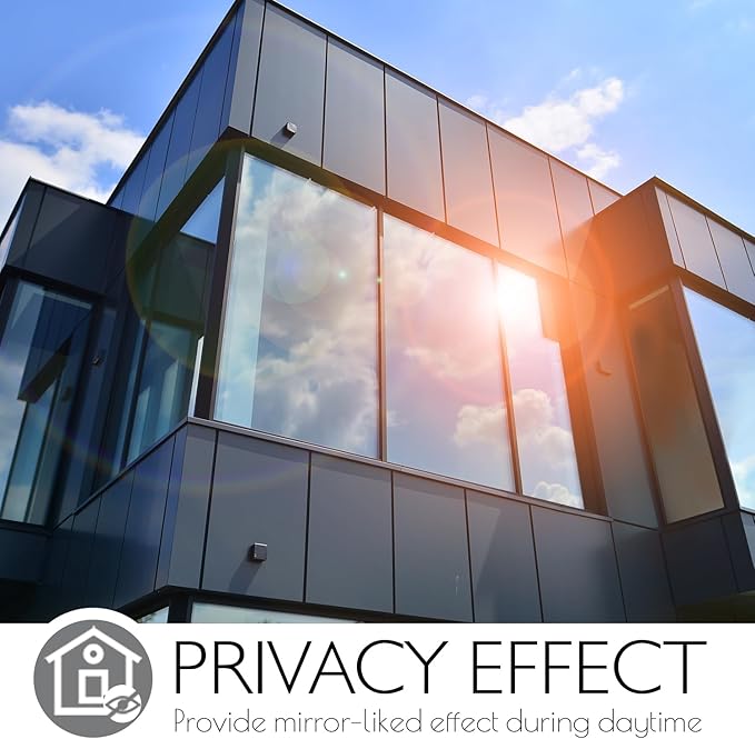 HIDBEA One Way Privacy Window Film, Daytime Mirror Reflective Heat Control UV Sun Blocking Non-Adhesive Static Cling Window Tint for Home and Office(Gray-Silver, 17.5 Inch x 6.5 Feet)