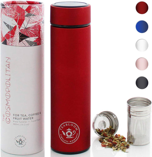 Teabloom ORIGINAL All-Purpose Beverage Tumbler - 16 oz - 480 ml - Brushed Metal Insulated Water Bottle/Tea Flask/Cold Brew Coffee Mug - Extra-Fine Two-Way Infuser Travel Bottle - Ruby Red