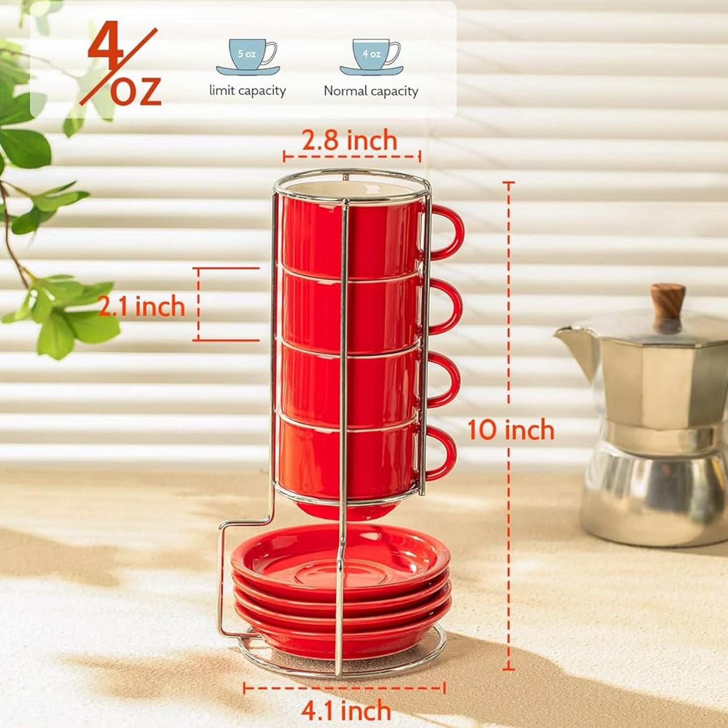 Sweese 4 Ounce Porcelain Stackable Espresso Cups with Saucers and Metal Stand Set of 4, Red