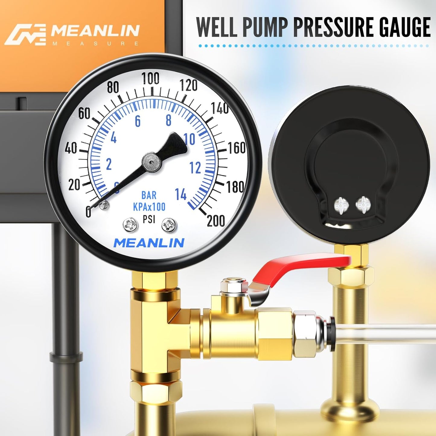 MEANLIN MEASURE 0-200Psi Well Pump Pressure Gauge 1/4" NPT 2" FACE DIAL for Air Compressor Air Regulator Water Filter Lower Mount, with Teflon Tape