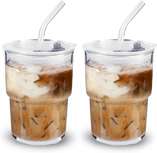2PCS Glass Cups With Lids And Straws, Iced Coffee Cup,15Oz/450ml Iced Coffee Glasses Tumbler, Thick Wall Glass Mug For Tea Water, Matcha Cup Chirstmas Gifts (Clear, 2PCS)