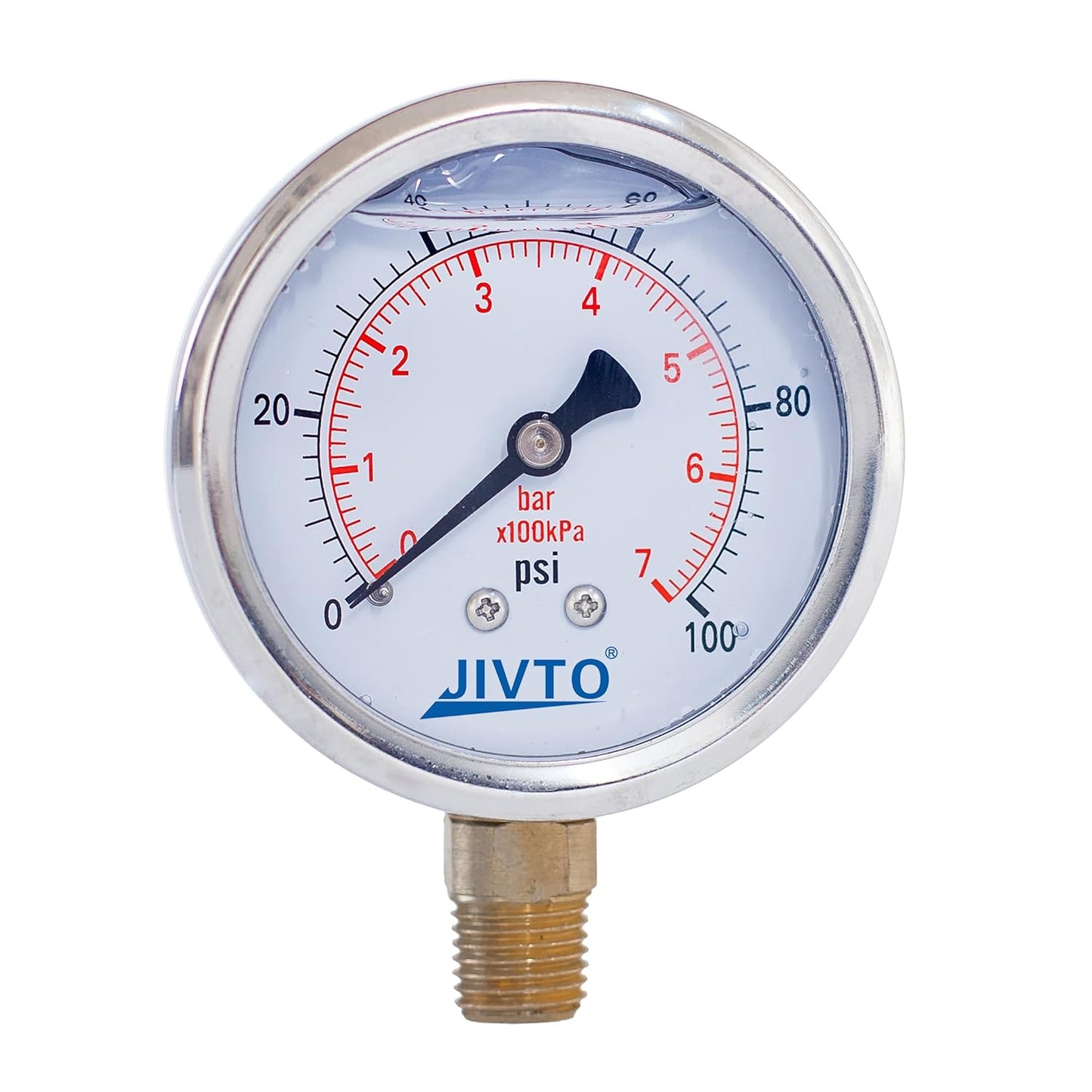 Pressure Gauge,Glycerin Liquid Filled,2-1/2" Dual Scale Dia,0-100 psi/bar/kpa,1/4" NPT Male Brass Connection,Lower Mount, Stainless Steel Case, Pneumatic,Pump,Hose,Well Tank,Gas Air Water Oil